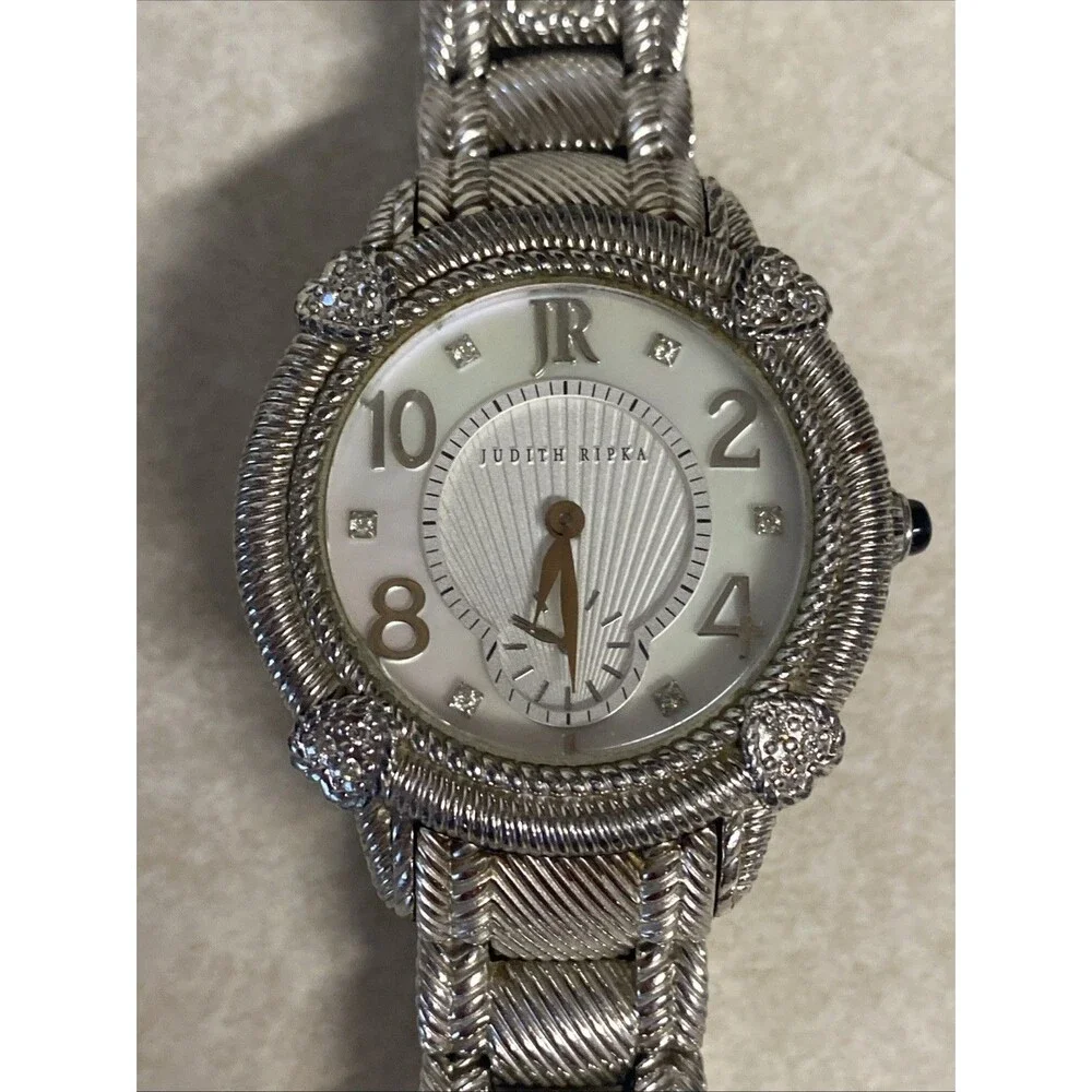 Judith Ripka 925 Sterling Silver Watch Swiss Movement MOP Dial Crystal Bracelet